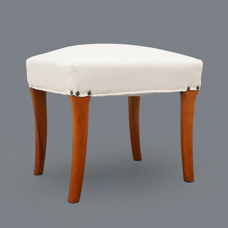 Pair of padded wooden and white fabric stools, Italy 1950