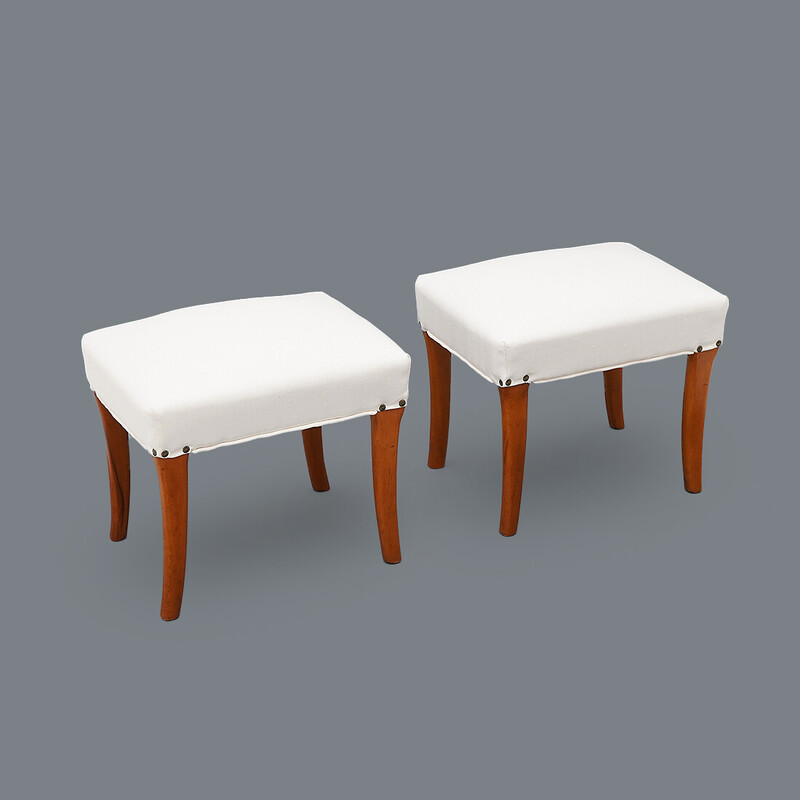 Pair of padded wooden and white fabric stools, Italy 1950