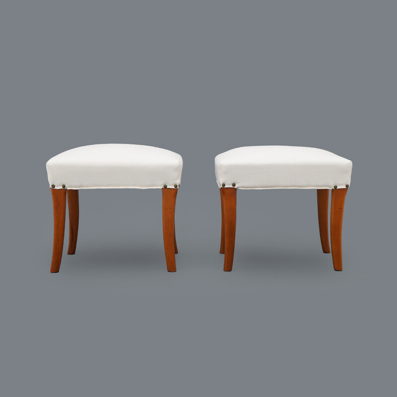 Pair of padded wooden and white fabric stools, Italy 1950