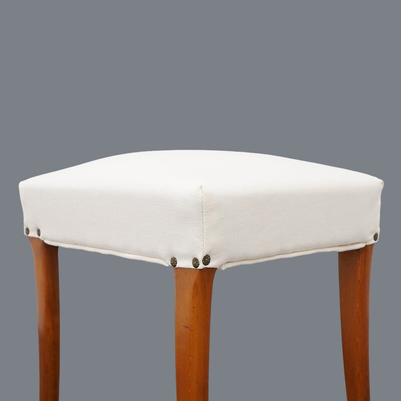 Pair of padded wooden and white fabric stools, Italy 1950