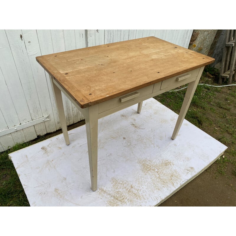 Vintage solid wood desk with 2 drawers, 1950