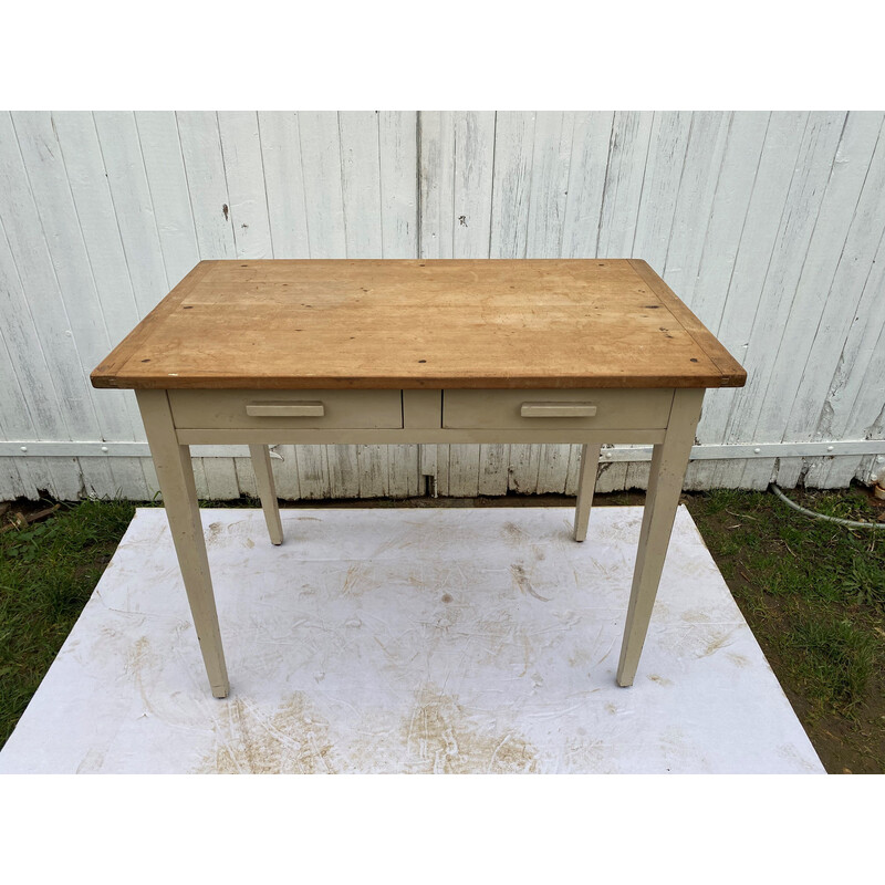 Bureau vintage en bois massif  avec 2 tiroirs, 1950