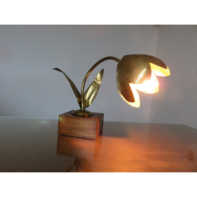 Lampe vintage "fleur" en laiton doré et bois, Italie 1970