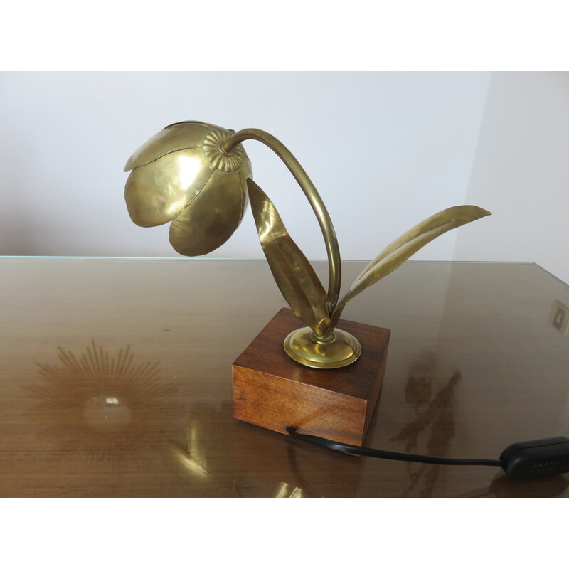 Lampe vintage "fleur" en laiton doré et bois, Italie 1970