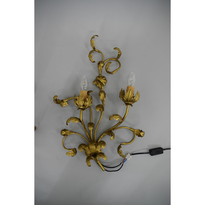 Pair of vintage gold wall lights with floral pattern, Italy 1960