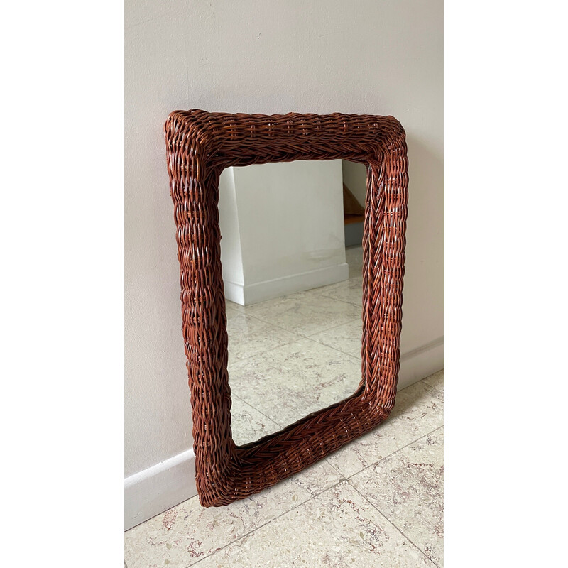 Vintage rectangular rattan frame wall mirror, 1980