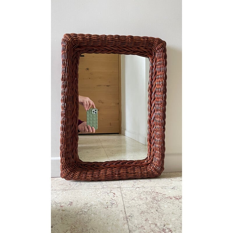 Miroir murale vintage rectangulaire cadre en rotin, 1980