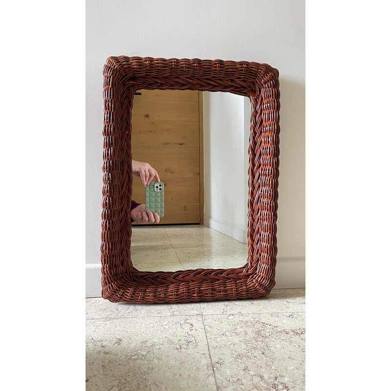 Vintage rectangular rattan frame wall mirror, 1980