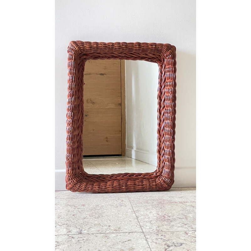 Espelho de parede vintage com moldura retangular de vime, década de 1980