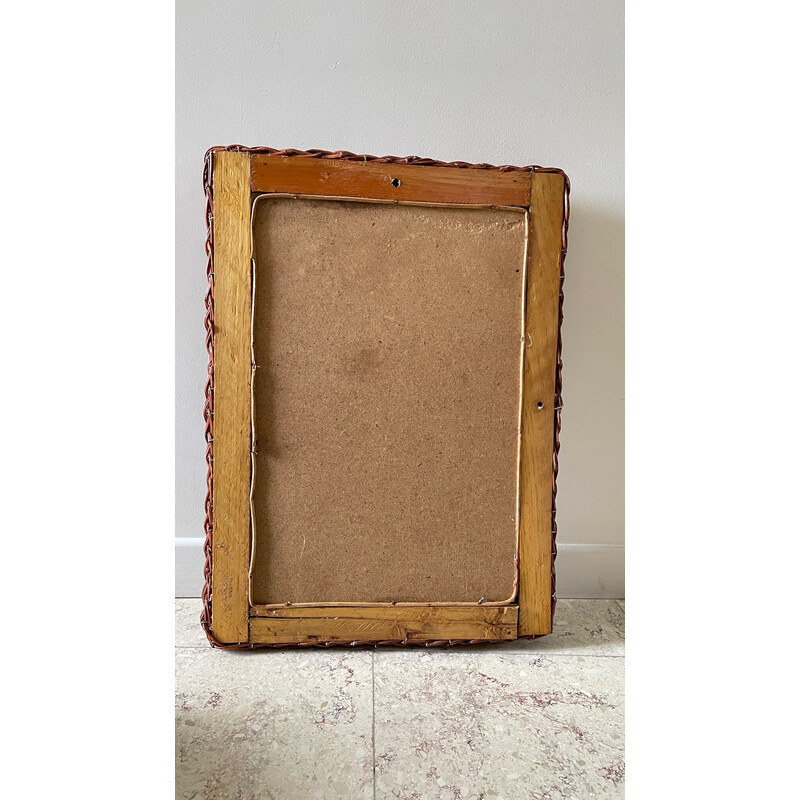 Miroir murale vintage rectangulaire cadre en rotin, 1980