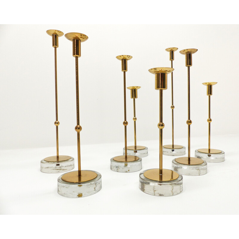 Set of 8 vintage thick glass candlestick by Gunnar Ander for Ystad Metall, 1960