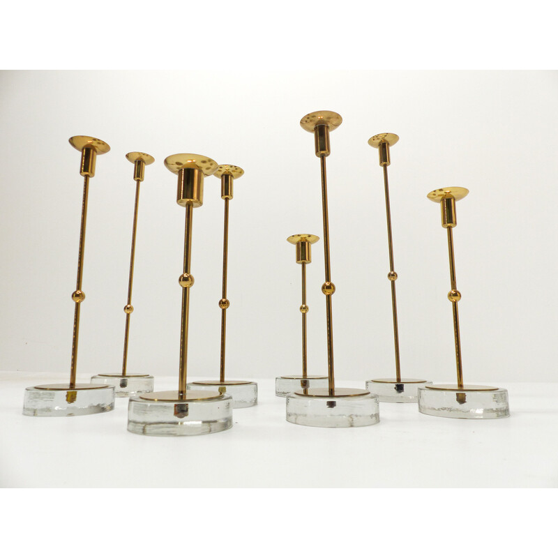 Set of 8 vintage thick glass candlestick by Gunnar Ander for Ystad Metall, 1960