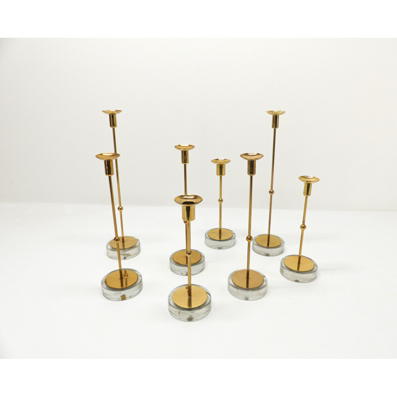 Set of 8 vintage thick glass candlestick by Gunnar Ander for Ystad Metall, 1960