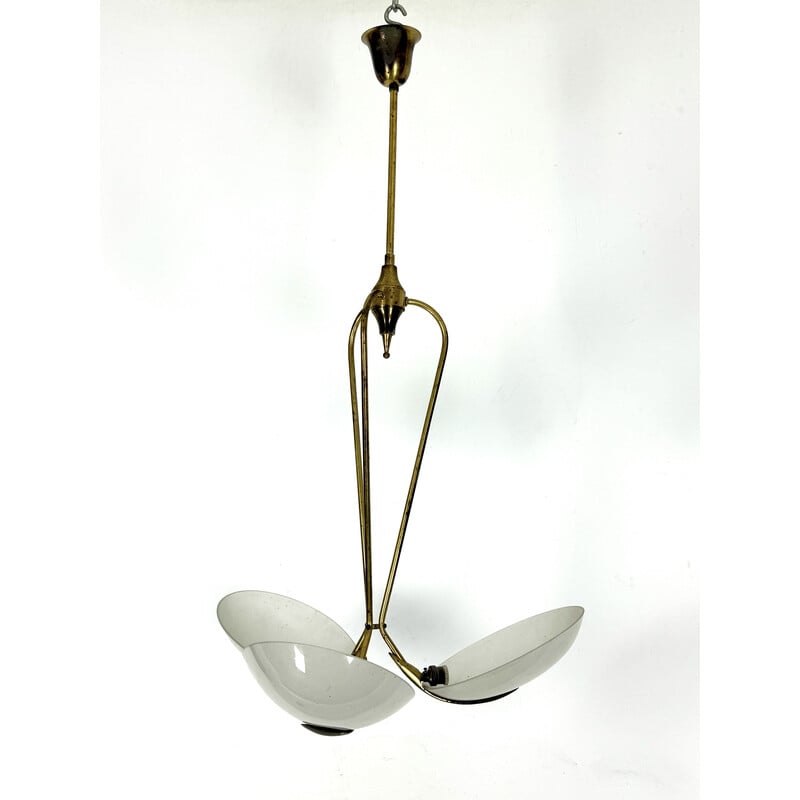 Vintage chandelier in brass and curved glass, Italy 1950