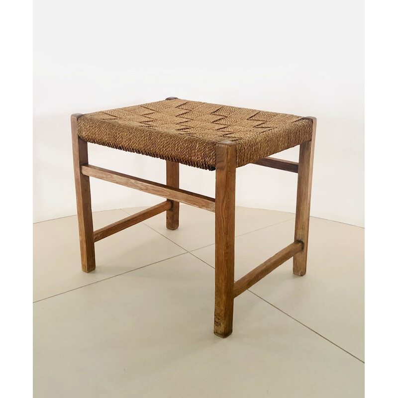 Vintage oak stool with woven rope seat, Denmark 1960