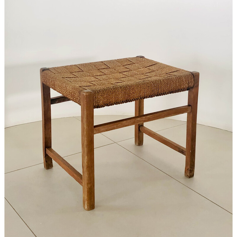 Vintage oak stool with woven rope seat, Denmark 1960