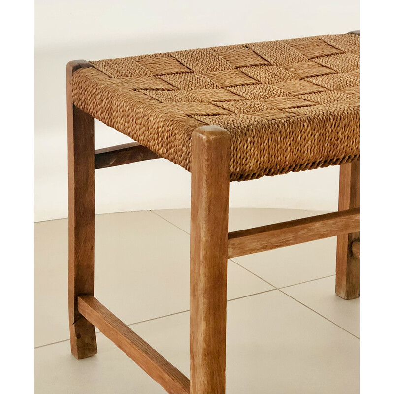 Vintage oak stool with woven rope seat, Denmark 1960