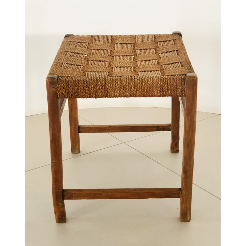 Vintage oak stool with woven rope seat, Denmark 1960