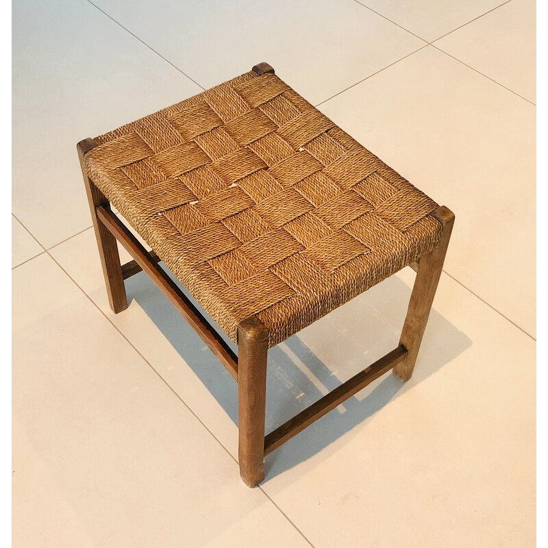 Vintage oak stool with woven rope seat, Denmark 1960