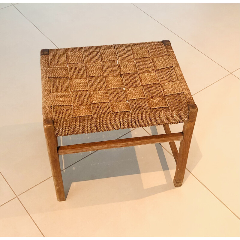 Vintage oak stool with woven rope seat, Denmark 1960