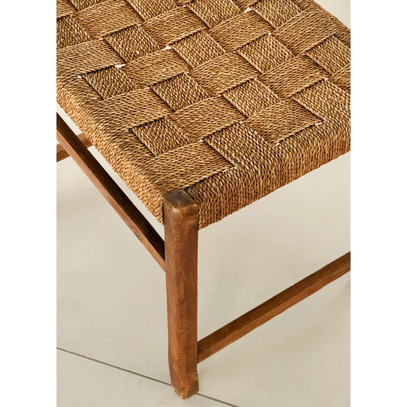 Vintage oak stool with woven rope seat, Denmark 1960