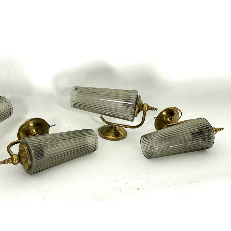 Set of 6 wall lamp in brass and smoked glass, Italy 1950