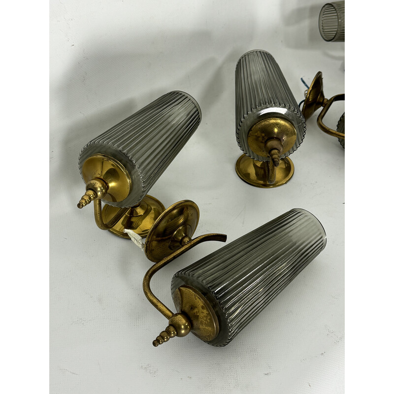 Set of 6 wall lamp in brass and smoked glass, Italy 1950