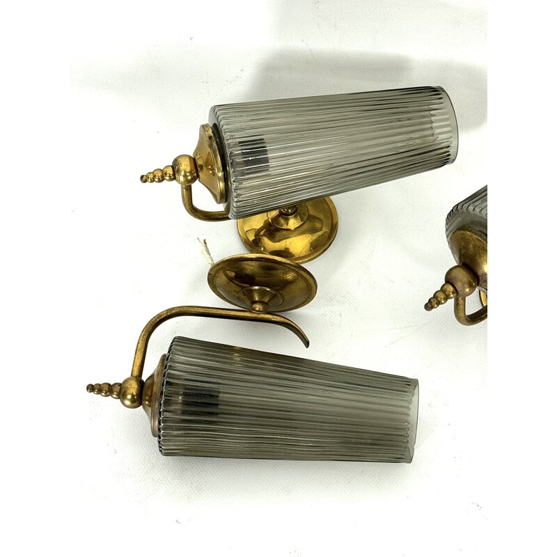 Set of 6 wall lamp in brass and smoked glass, Italy 1950