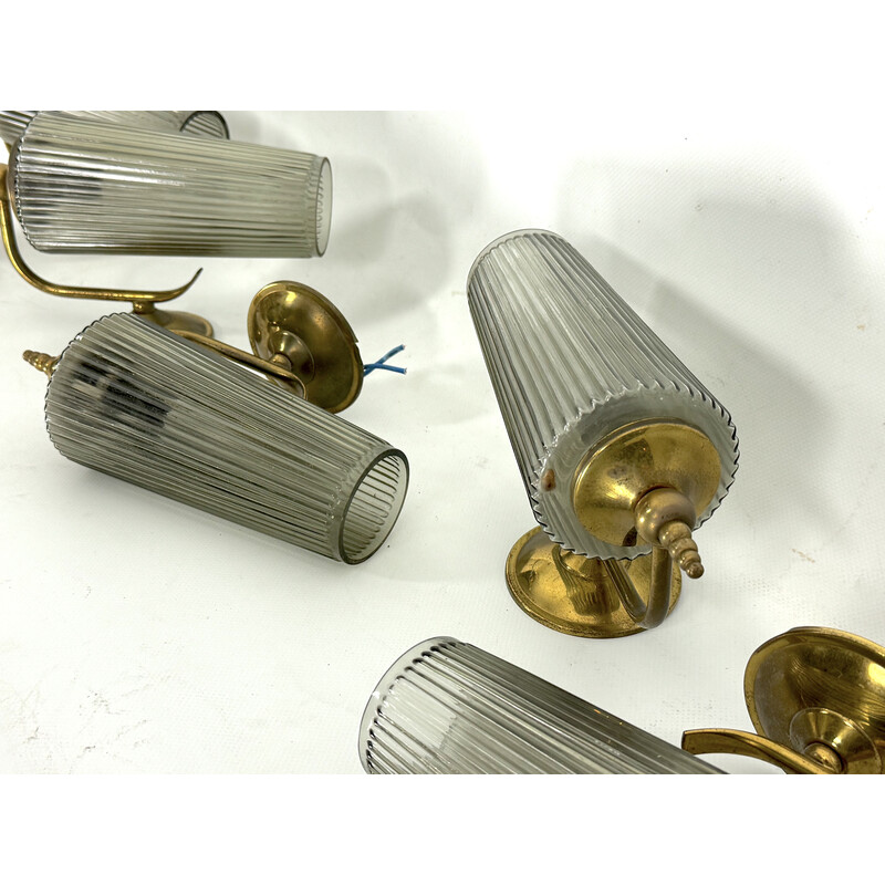 Set of 6 wall lamp in brass and smoked glass, Italy 1950