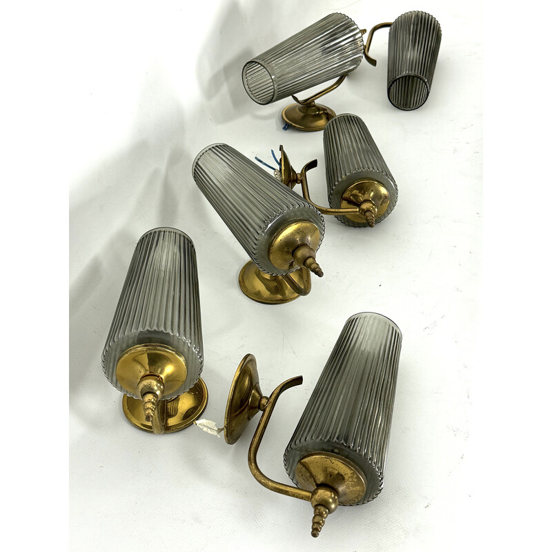 Set of 6 wall lamp in brass and smoked glass, Italy 1950