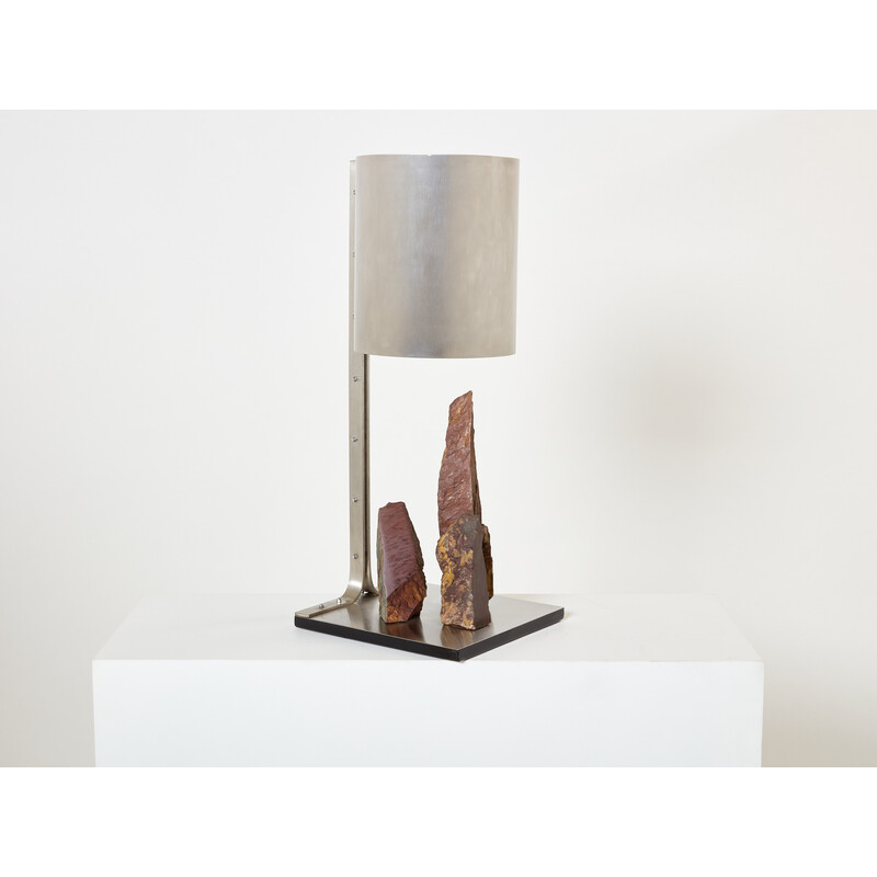 Vintage lamp in brushed steel and red schist by Philippe Jean, 1970