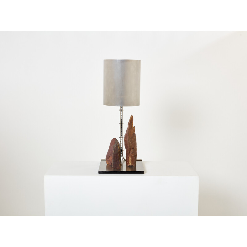 Vintage lamp in brushed steel and red schist by Philippe Jean, 1970