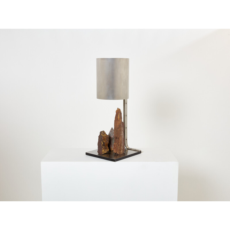 Vintage lamp in brushed steel and red schist by Philippe Jean, 1970