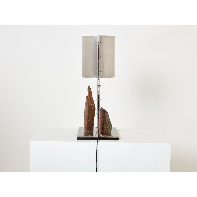 Vintage lamp in brushed steel and red schist by Philippe Jean, 1970