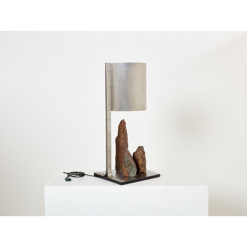 Vintage lamp in brushed steel and red schist by Philippe Jean, 1970