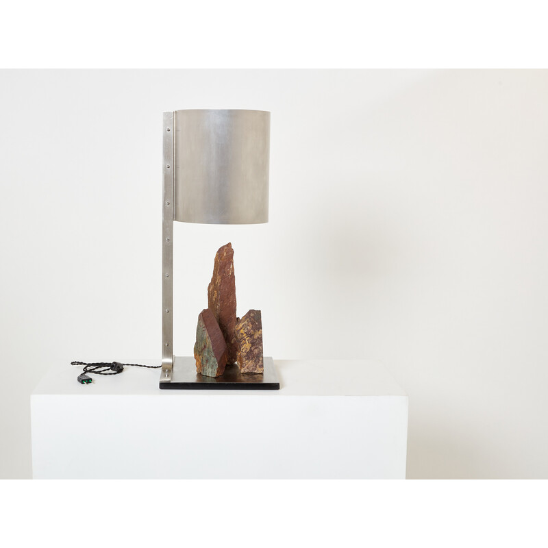 Vintage lamp in brushed steel and red schist by Philippe Jean, 1970