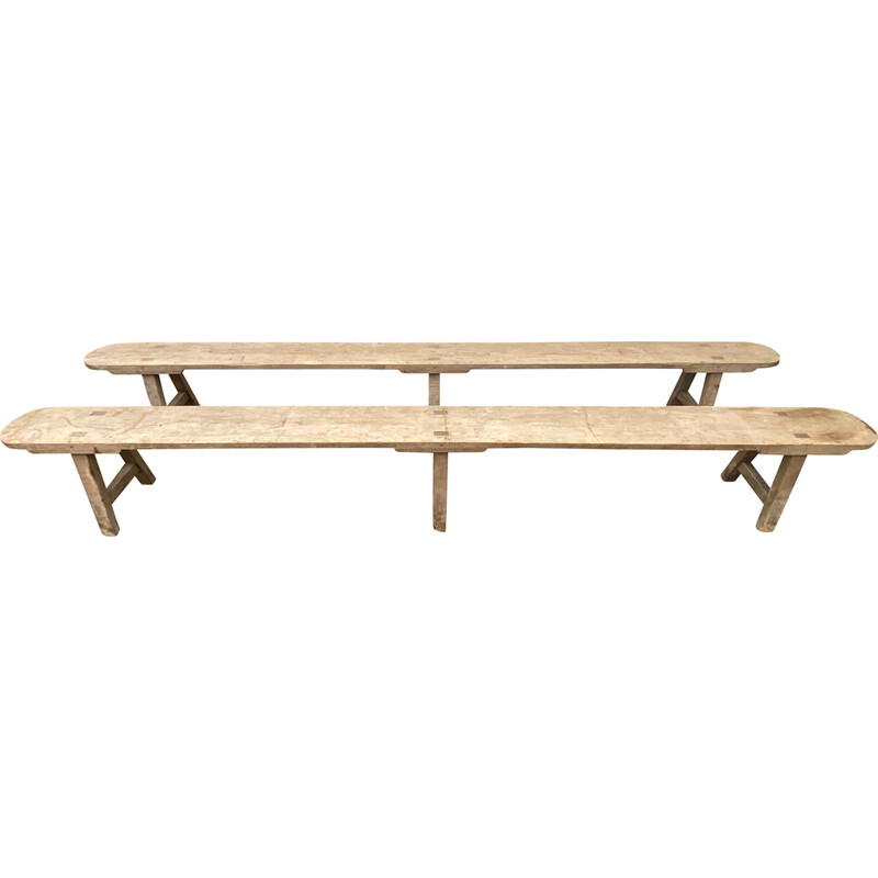 Paire de bancs de ferme vintage en bois massif, 1900