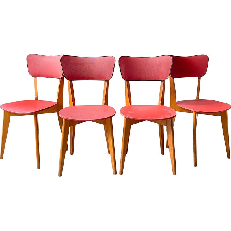 Lot de 4 chaises vintage en bois et skaï rouge, 1960