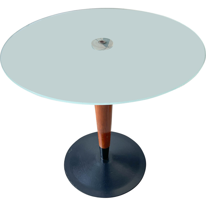 Vintage round mushroom table in wood and glass, 1970