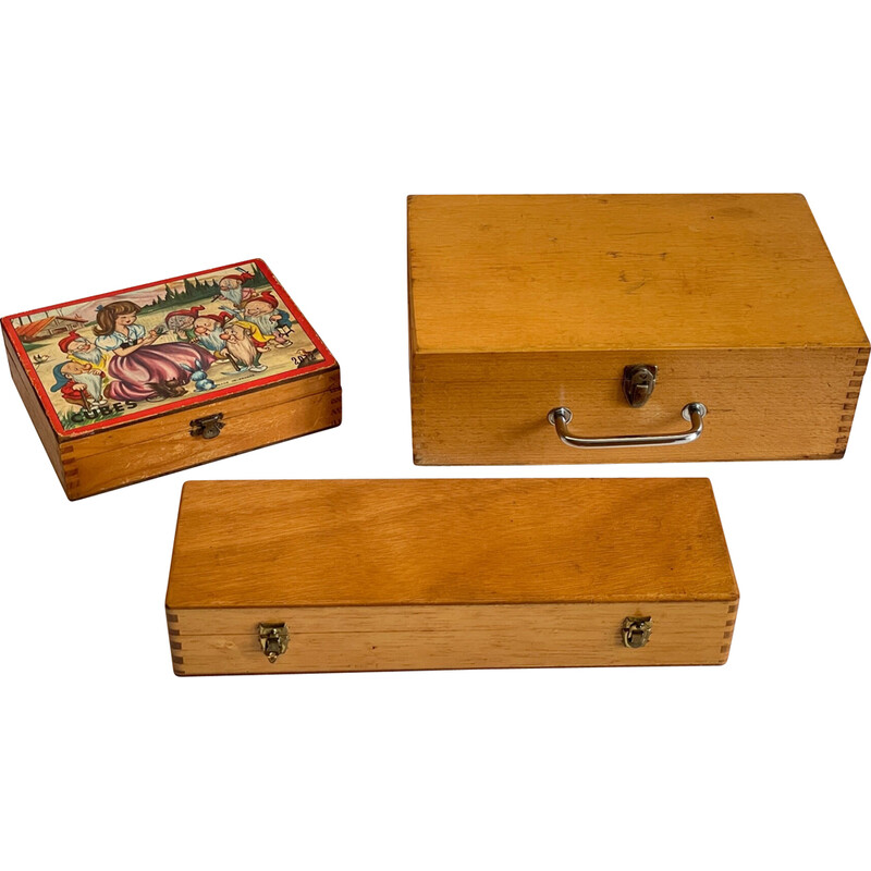 Conjunto de 3 caixas vintage tipo cauda de andorinha em madeira