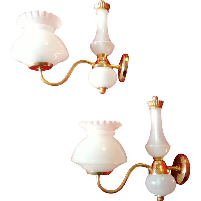 Pair of vintage swan neck wall lights in gold metal and opaline glass, 1970