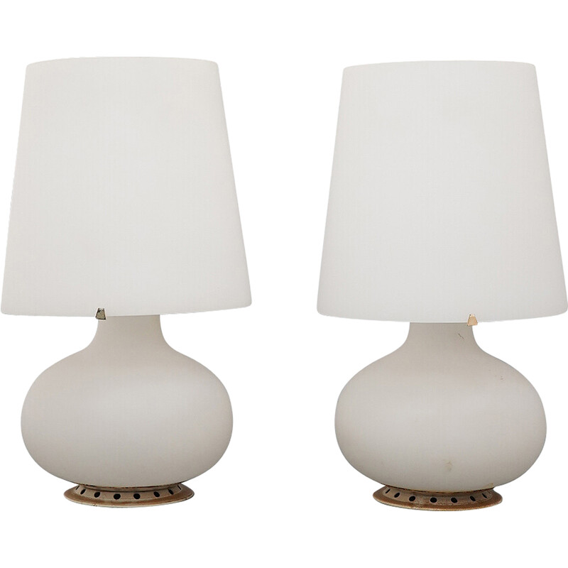 Pair of vintage model 1853 table lamps in metal and opaline glass by Max Ingrand for Fontana Arte, 1960