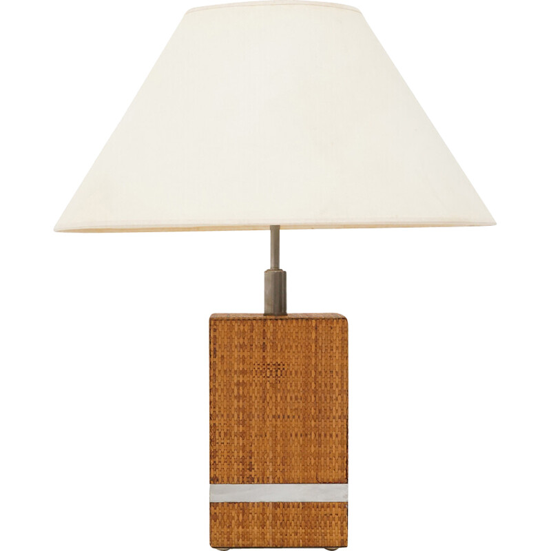 Vintage rattan and metal table lamp by Tommaso Barbi, 1970