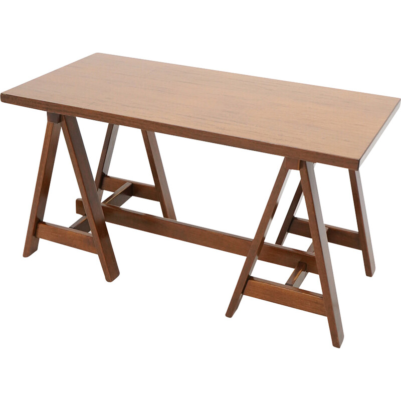 Vintage veneered wood desk with trestles, Italy 1970