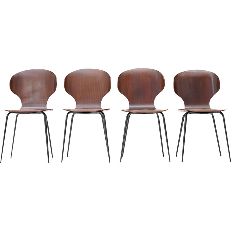 Set of 4 vintage "Lulli" chairs in metal and plywood by Carlo Ratti for Industria Legni Curvati, 1950