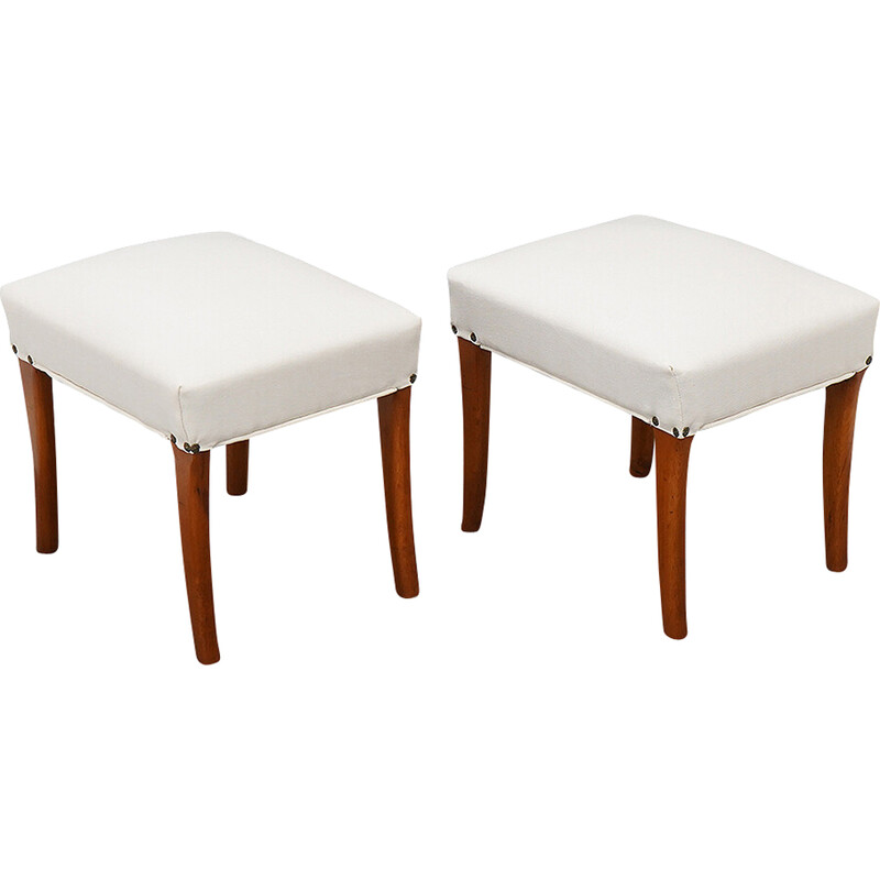 Pair of padded wooden and white fabric stools, Italy 1950