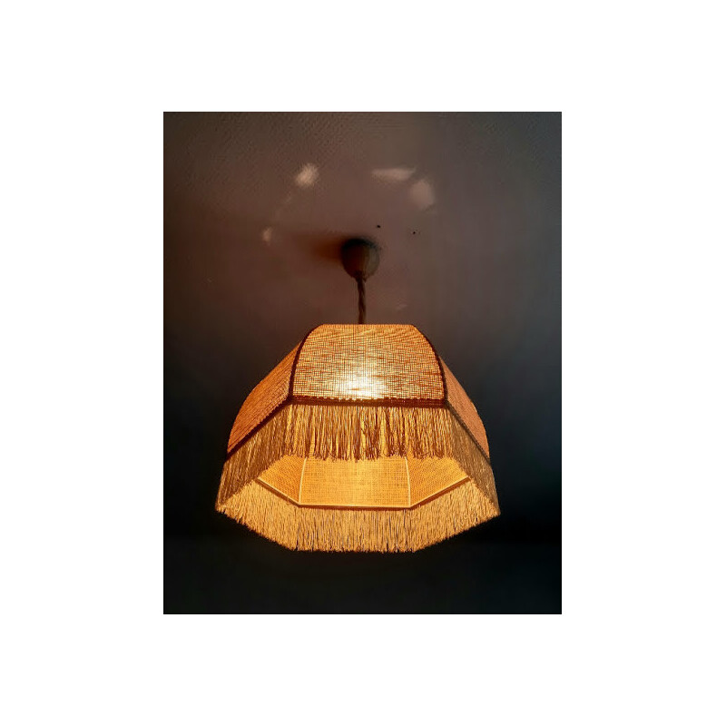 Vintage Bohemian pendant lamp in canework and fabric fringes, 1970