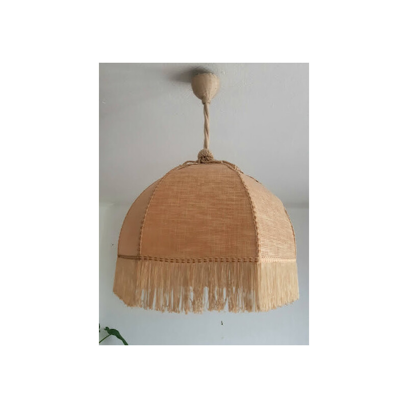 Vintage Bohemian pendant lamp in canework and fabric fringes, 1970