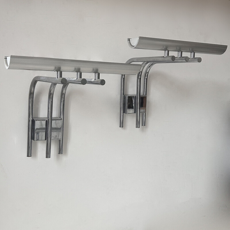 Pair of vintage chrome metal wall lights for Verre Lumière Studio, France 1970