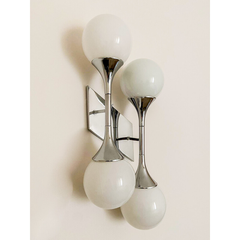 Vintage wall lamp in chrome metal and blown glass, Italy 1970